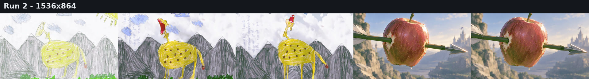 Run 2: creature brays in the drawing, then a blurred camera move to the apple
