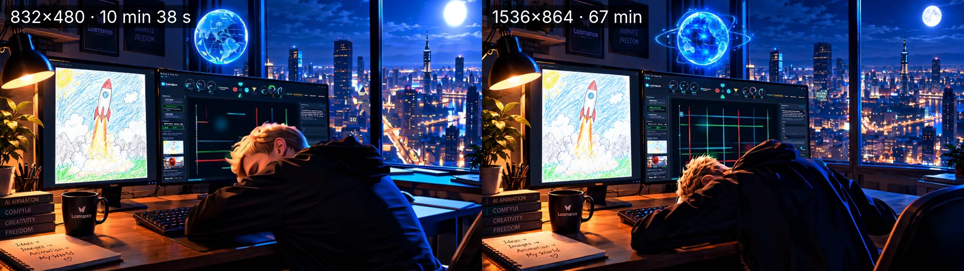 Same Wan 2.2 frame generated at 832×480 (left) and 1536×864 (right), both upscaled to 2048×1152