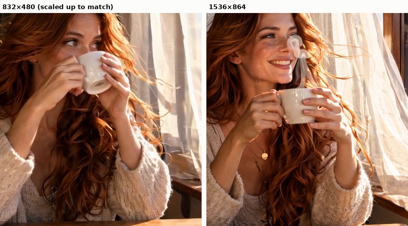 Close-up of the same scene: 832×480 scaled up on the left is softer; 1536×864 on the right shows sharper freckles, eyes, necklace, knit texture and visible steam